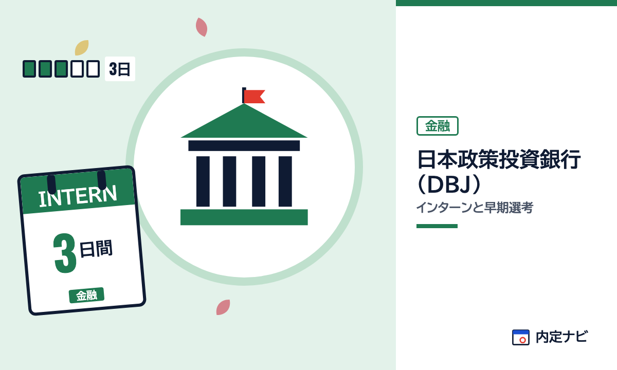 日本政策投資銀行（DBJ）のインターンと早期選考を表した内定ナビ作成の図(業界の色、カレンダー、記事の要点の絵)