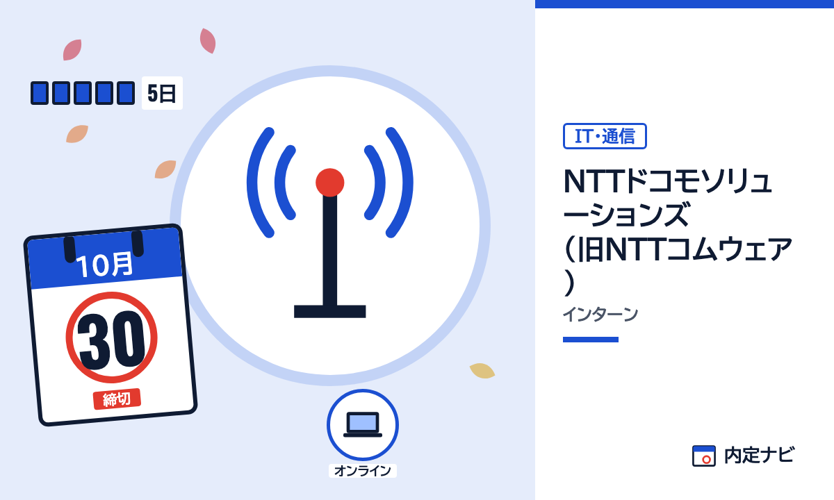 NTTドコモソリューションズ（旧NTTコムウェア）のインターンを表した内定ナビ作成の図(業界の色、カレンダー、記事の要点の絵)