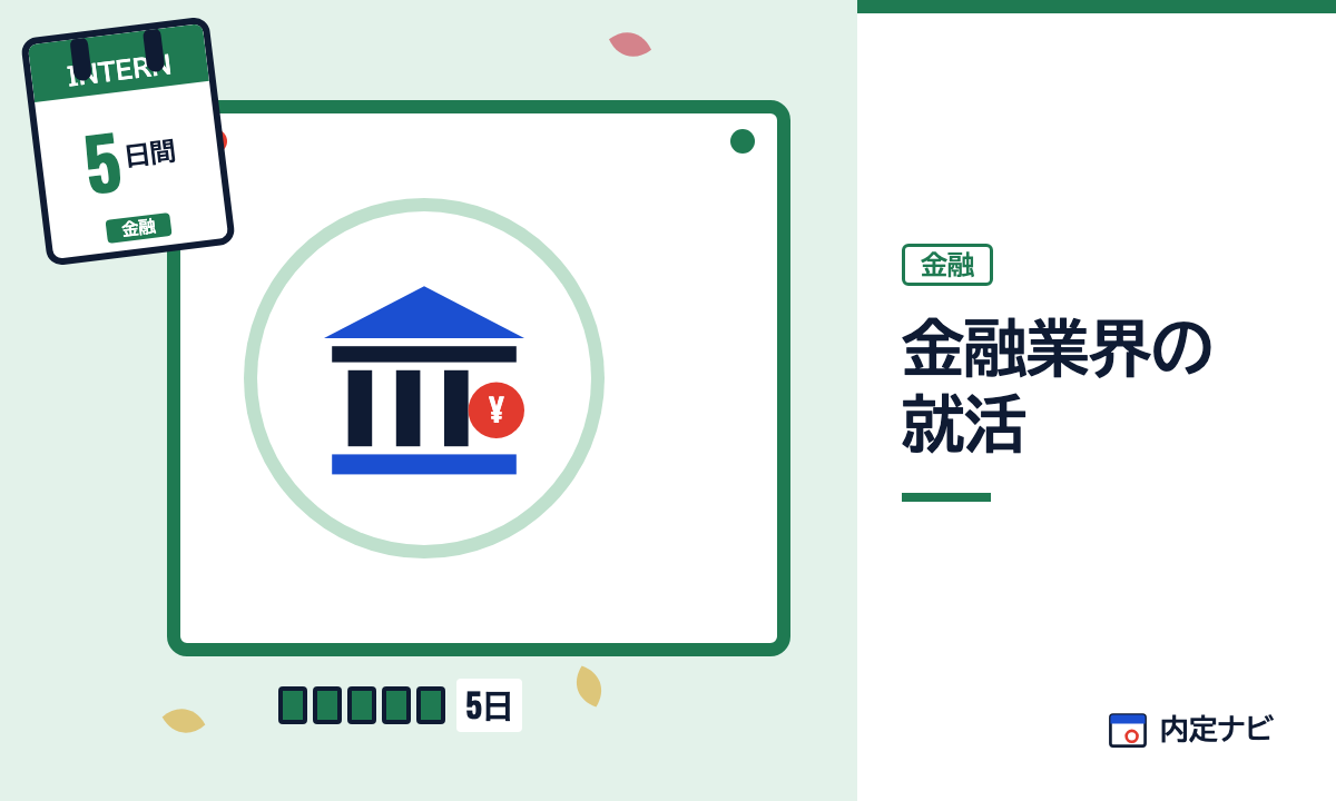 金融業界の就活の記事を表した内定ナビ作成の図(業界の色、カレンダー、記事の要点の絵)