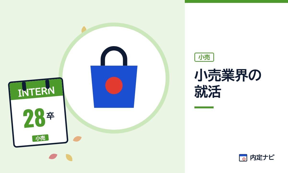 小売業界の就活の記事を表した内定ナビ作成の図(業界の色、カレンダー、記事の要点の絵)