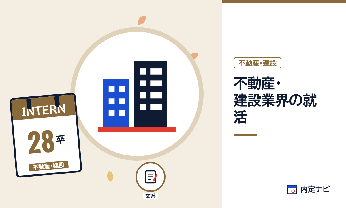 不動産・建設業界の就活の記事を表した内定ナビ作成の図(業界の色、カレンダー、記事の要点の絵)
