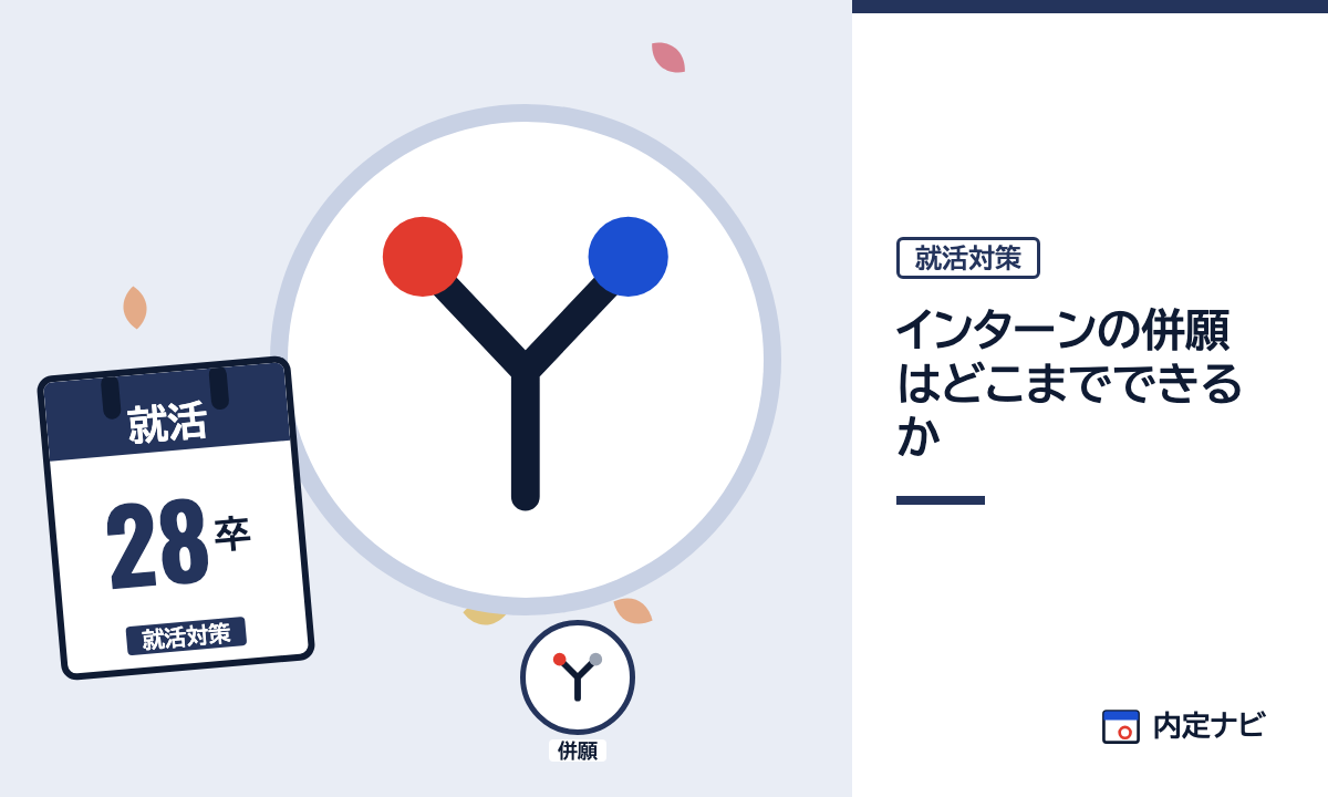 インターンの併願はどこまでできるかの記事を表した内定ナビ作成の図(業界の色、カレンダー、記事の要点の絵)