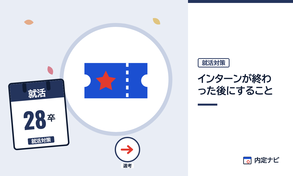 インターンが終わった後にすることの記事を表した内定ナビ作成の図(業界の色、カレンダー、記事の要点の絵)