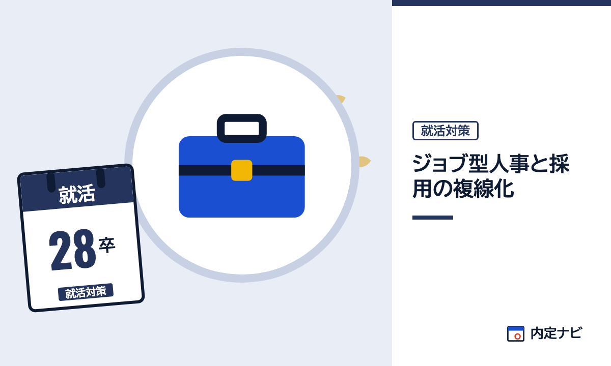 ジョブ型人事と採用の複線化の記事を表した内定ナビ作成の図(業界の色、カレンダー、記事の要点の絵)