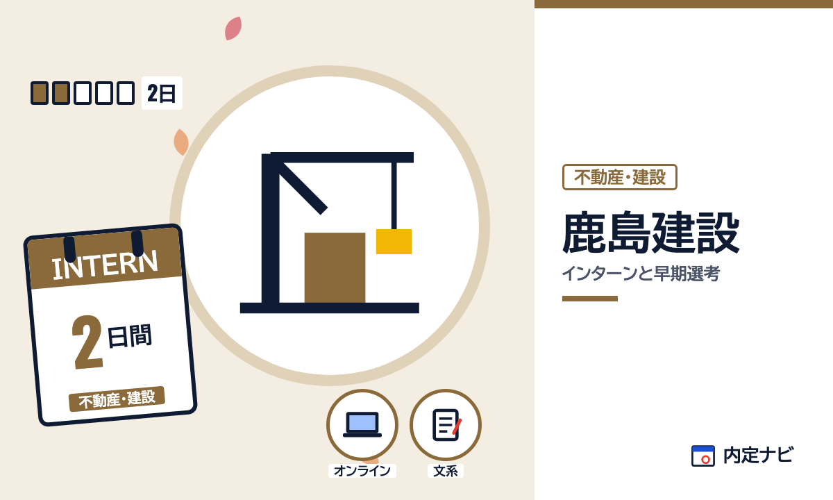 鹿島建設のインターンと早期選考を表した内定ナビ作成の図(業界の色、カレンダー、記事の要点の絵)