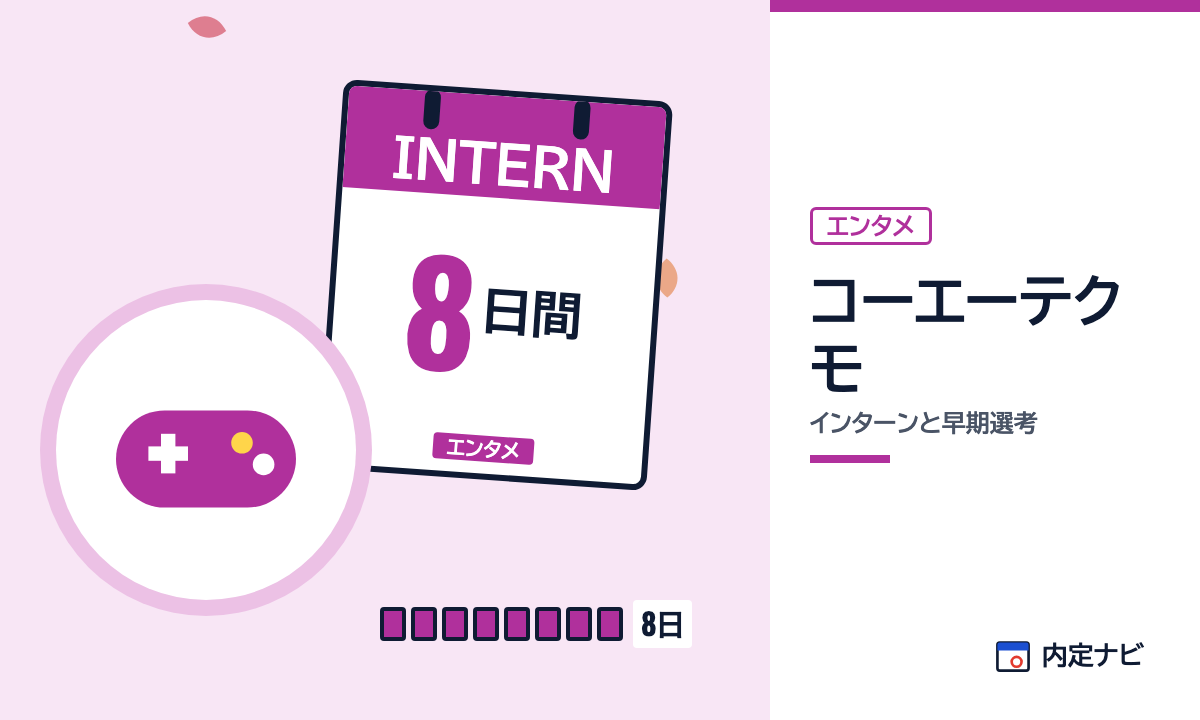 コーエーテクモのインターンと早期選考を表した内定ナビ作成の図(業界の色、カレンダー、記事の要点の絵)