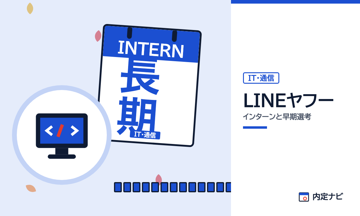 LINEヤフーのインターンと早期選考を表した内定ナビ作成の図(業界の色、カレンダー、記事の要点の絵)