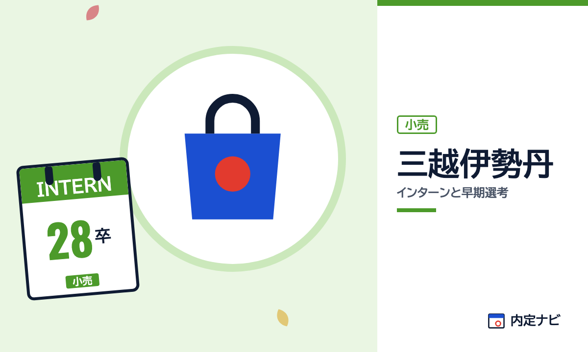 三越伊勢丹のインターンと早期選考を表した内定ナビ作成の図(業界の色、カレンダー、記事の要点の絵)