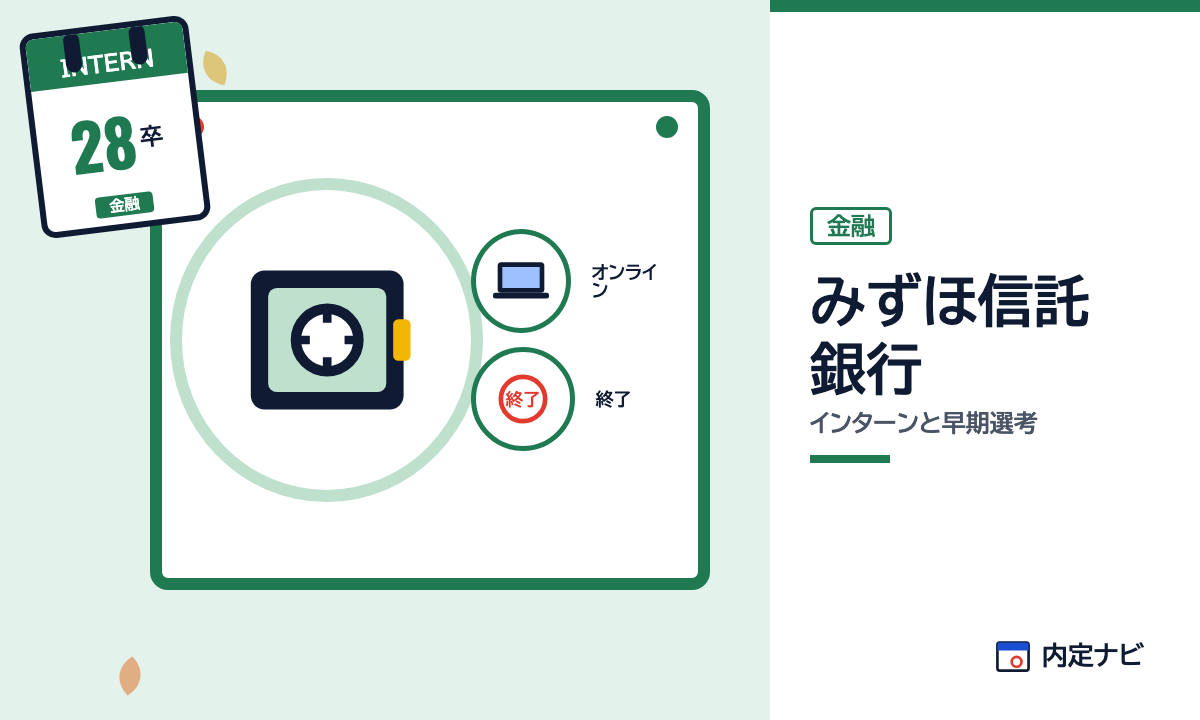 みずほ信託銀行のインターンと早期選考を表した内定ナビ作成の図(業界の色、カレンダー、記事の要点の絵)