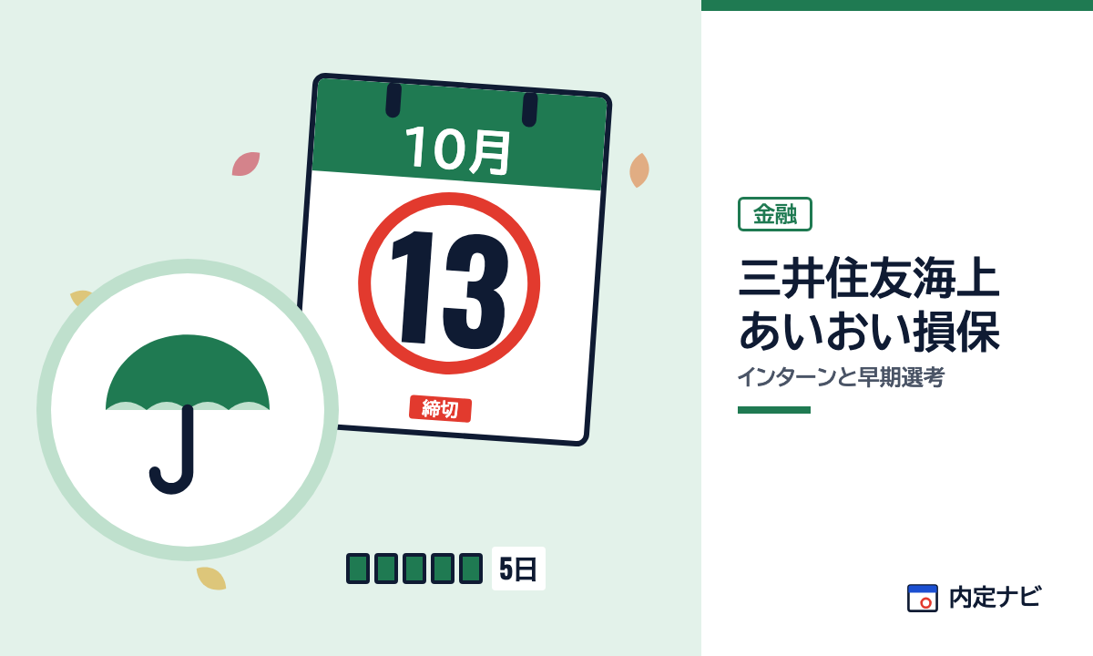 三井住友海上あいおい損保のインターンと早期選考を表した内定ナビ作成の図(業界の色、カレンダー、記事の要点の絵)