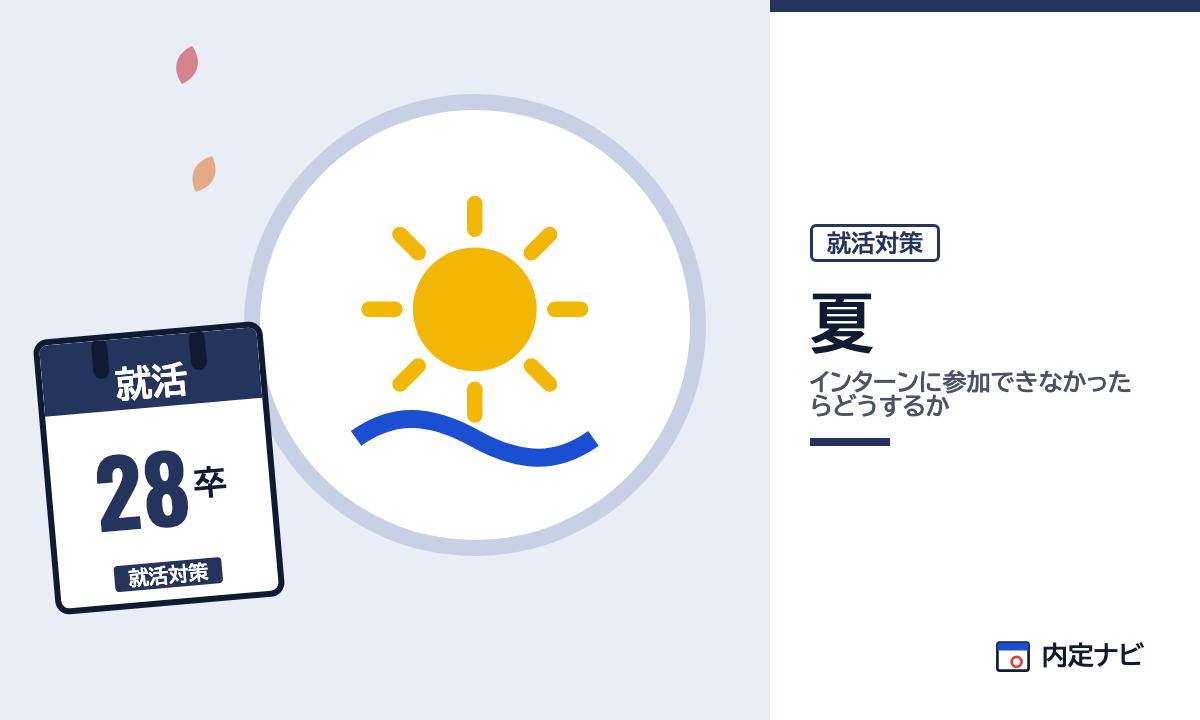 夏のインターンに参加できなかったらどうするかを表した内定ナビ作成の図(業界の色、カレンダー、記事の要点の絵)