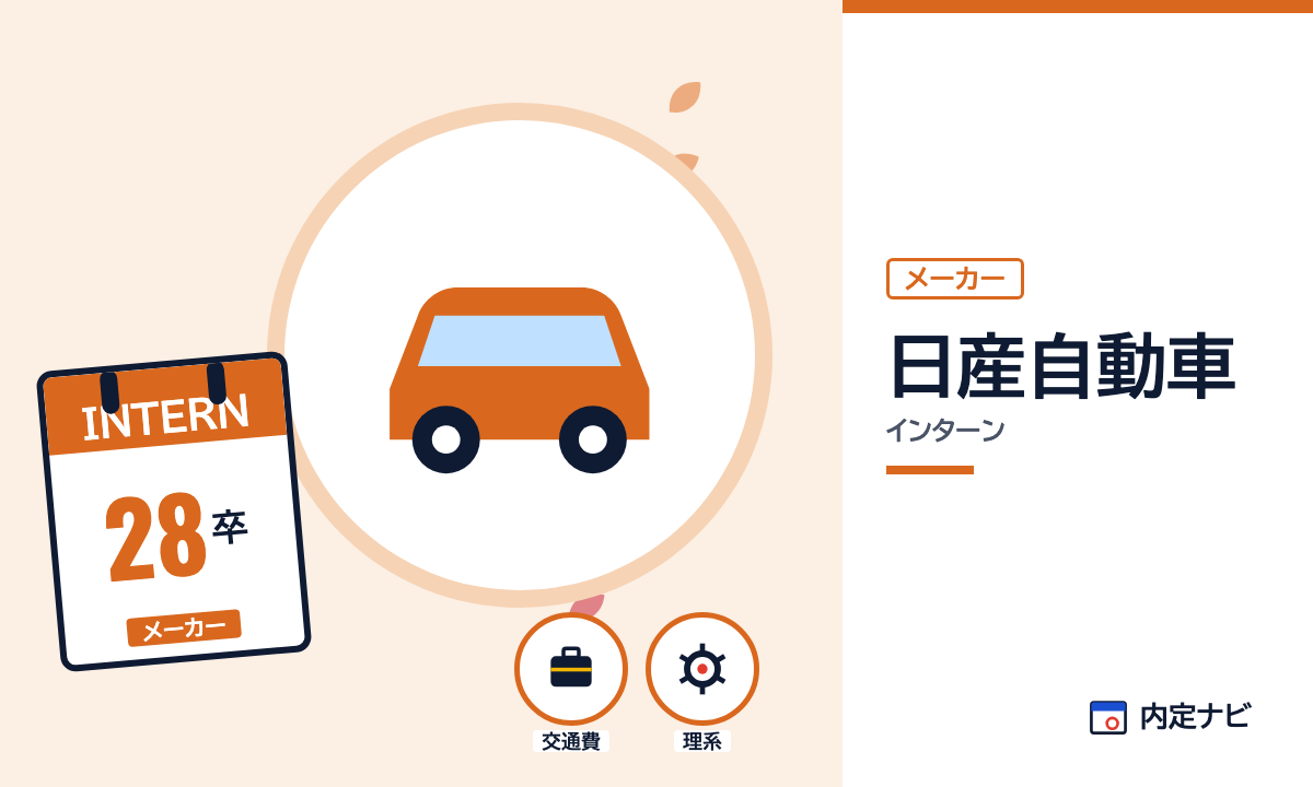 日産自動車のインターンを表した内定ナビ作成の図(業界の色、カレンダー、記事の要点の絵)