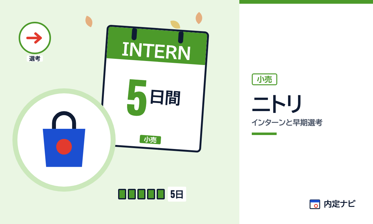 ニトリのインターンと早期選考を表した内定ナビ作成の図(業界の色、カレンダー、記事の要点の絵)