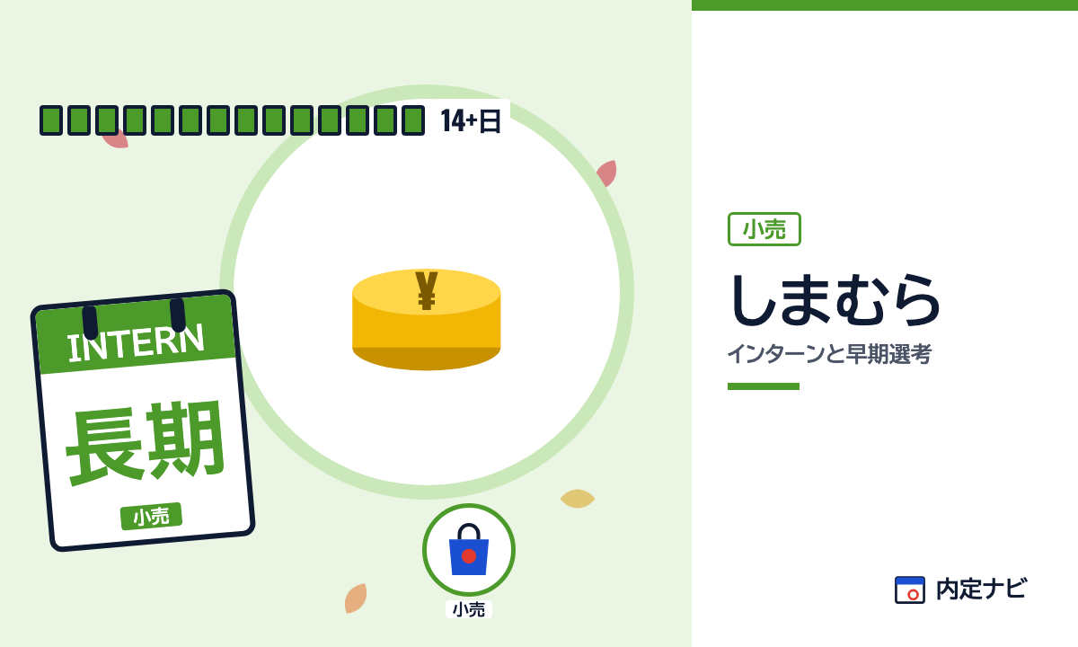 しまむらのインターンと早期選考を表した内定ナビ作成の図(業界の色、カレンダー、記事の要点の絵)