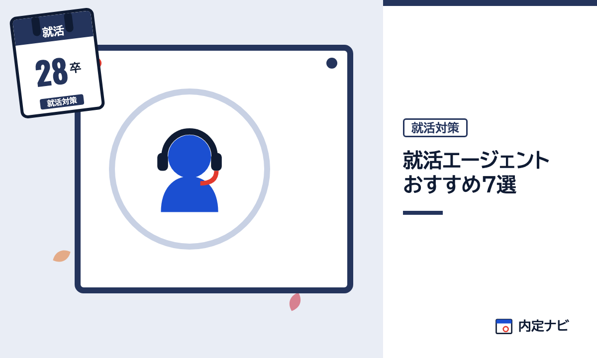 就活エージェントおすすめ7選の記事を表した内定ナビ作成の図(業界の色、カレンダー、記事の要点の絵)