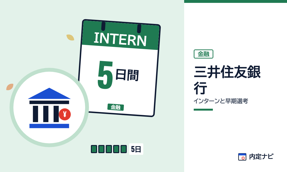 三井住友銀行のインターンと早期選考を表した内定ナビ作成の図(業界の色、カレンダー、記事の要点の絵)