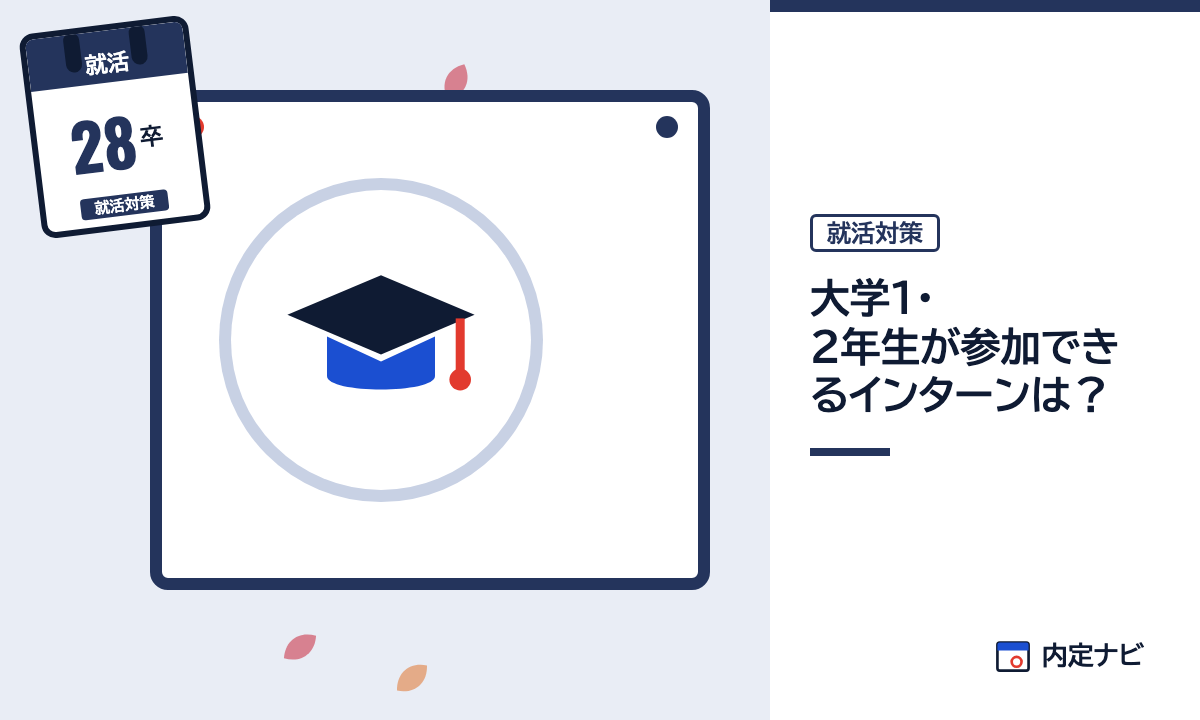 大学1・2年生が参加できるインターンは？の記事を表した内定ナビ作成の図(業界の色、カレンダー、記事の要点の絵)