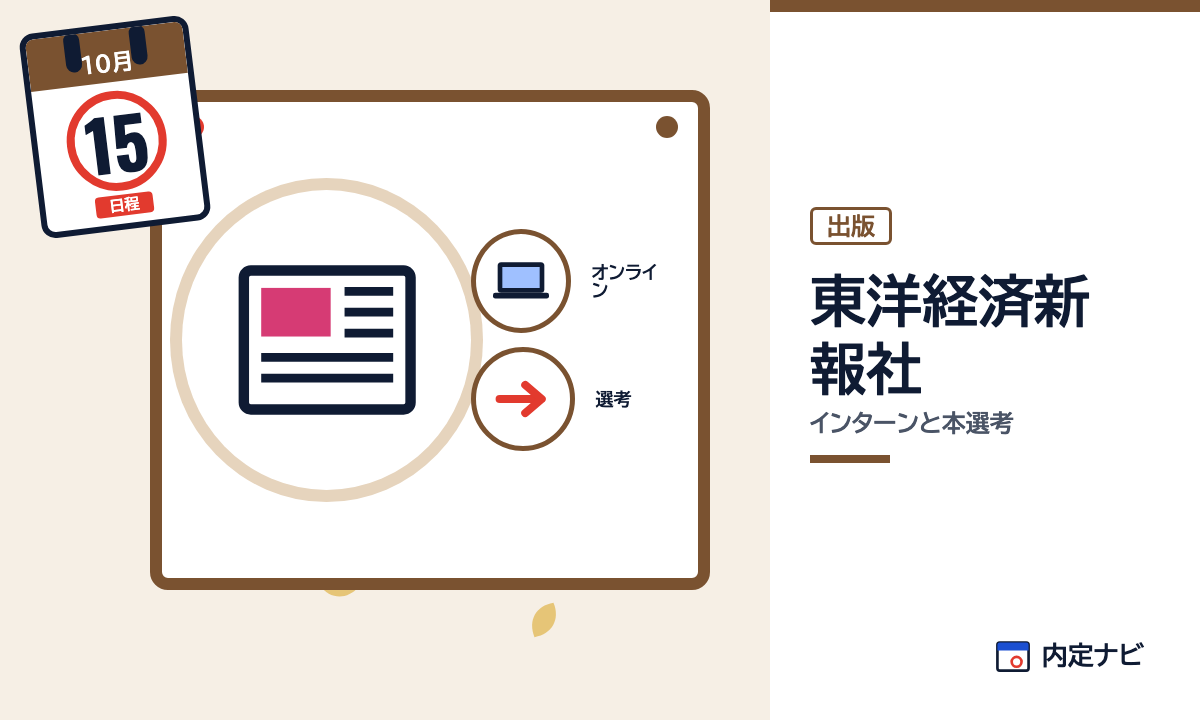東洋経済新報社のインターンと本選考を表した内定ナビ作成の図(業界の色、カレンダー、記事の要点の絵)
